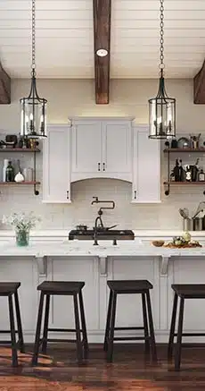 Modern farmhouse kitchen with Shaker Dove cabinets