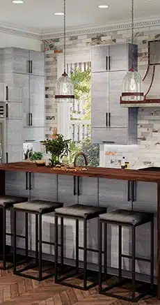 Kitchen with Torino Gray Wood with stools and wooden countertops