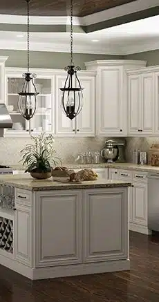 Traditional kitchen with Casselberry Antique White cabinetry