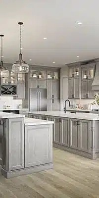 Modern farmhouse kitchen with Oxford Mist cabinets