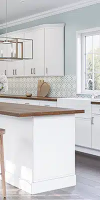 Edgeline White RTA cabinet doors with wood countertop
